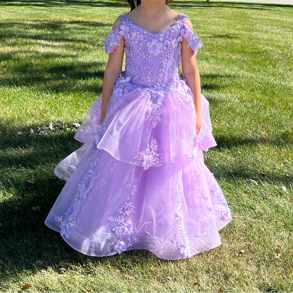 Rachel Allan Purple Off-the-Shoulder Flutter Sleeve Gown